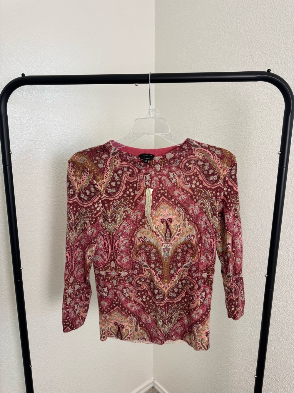 Talbots Paisley Crewneck Cashmere Sweater - Pink and Gold